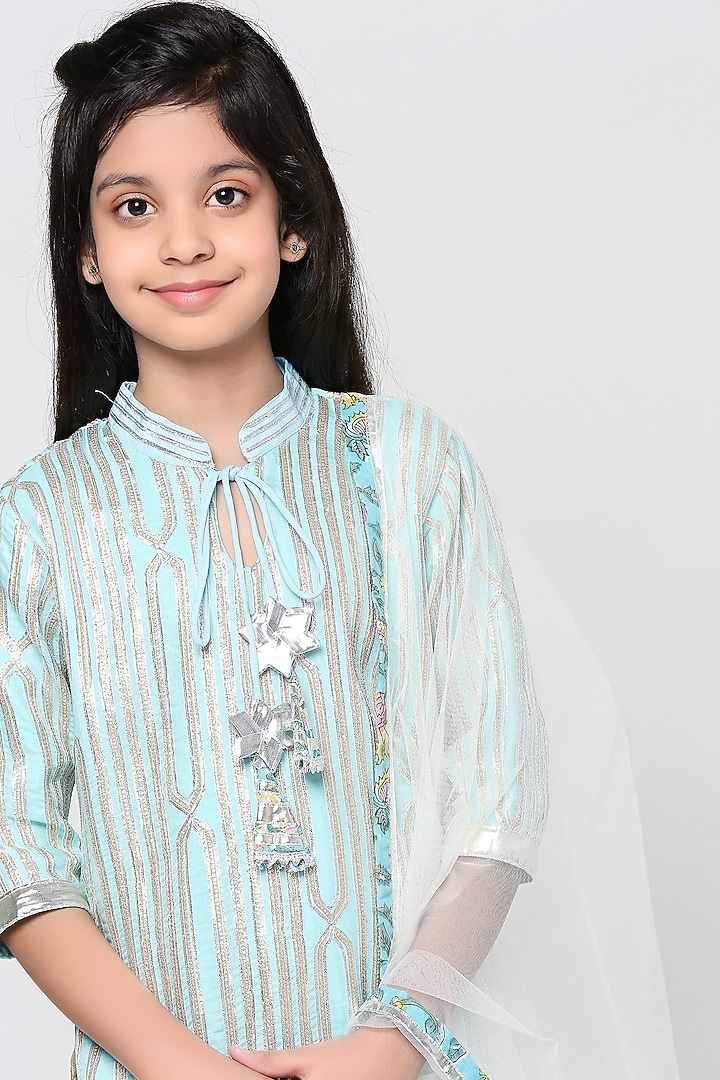 Aqua Gota Embroidered Kurta Set For Girls by The Story Brand at Pernia's Pop Up Shop
