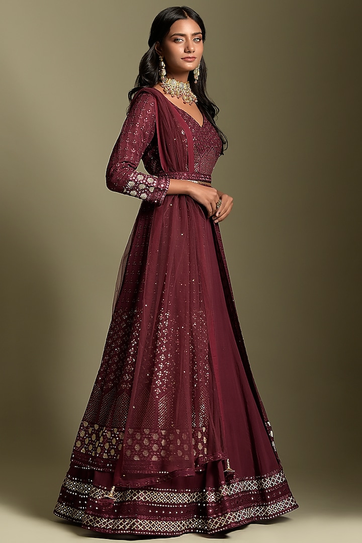Wine Georgette Anarkali Set Design by Two Sisters By Gyans at Pernia's ...