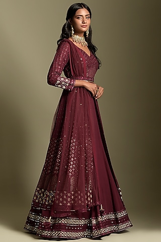 Wine Georgette Anarkali Set by Two Sisters By Gyans