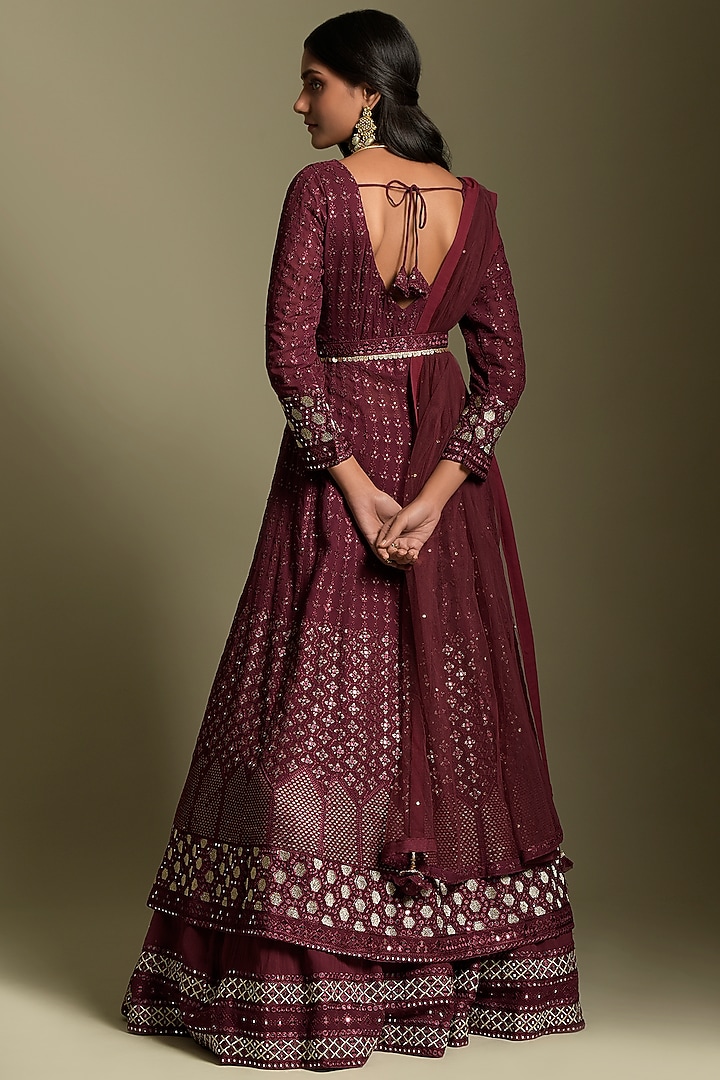 Wine Georgette Wedding Anarkali Set by Two Sisters By Gyans at Pernia's Pop Up Shop