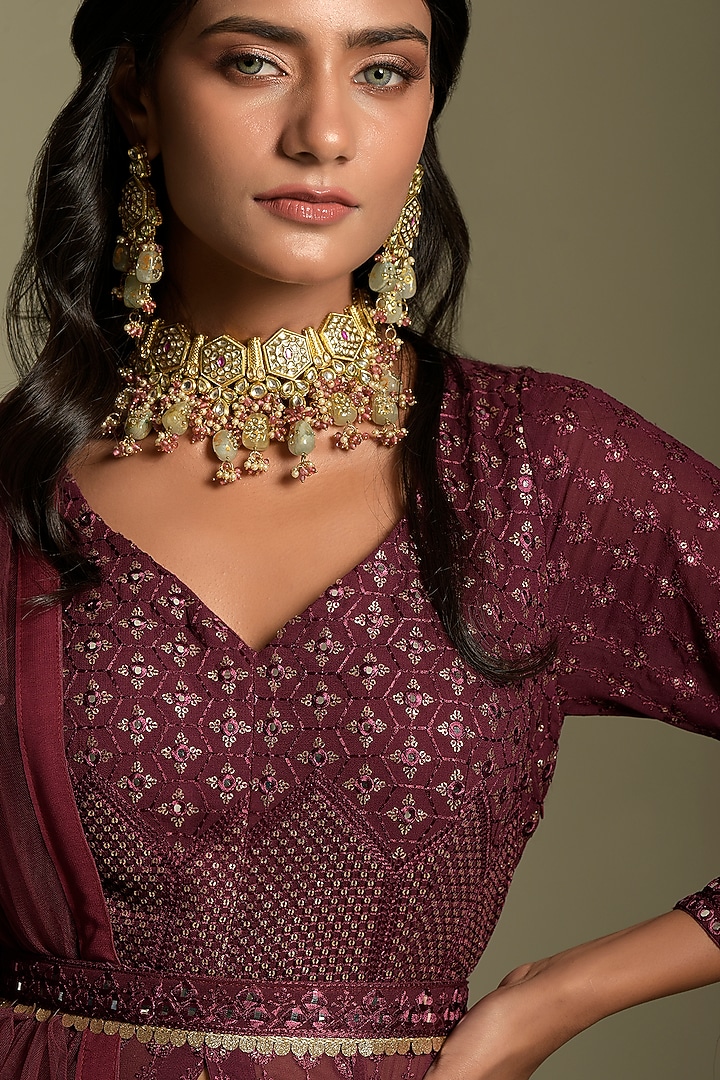 Wine Georgette Wedding Anarkali Set by Two Sisters By Gyans at Pernia's Pop Up Shop