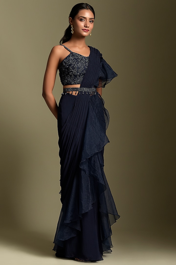 Blue Pre-Draped Ruffled Wedding Saree Set by Two Sisters By Gyans at Pernia's Pop Up Shop