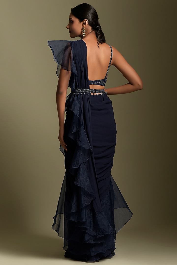 Blue Pre-Draped Ruffled Wedding Saree Set by Two Sisters By Gyans at Pernia's Pop Up Shop
