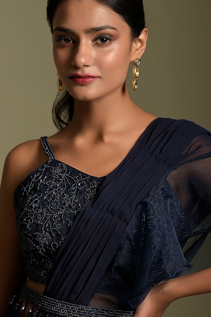 Blue Pre-Draped Ruffled Wedding Saree Set by Two Sisters By Gyans at Pernia's Pop Up Shop