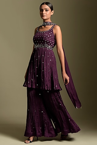 Wine Chiffon Mirror Work Gharara Set by Two Sisters By Gyans