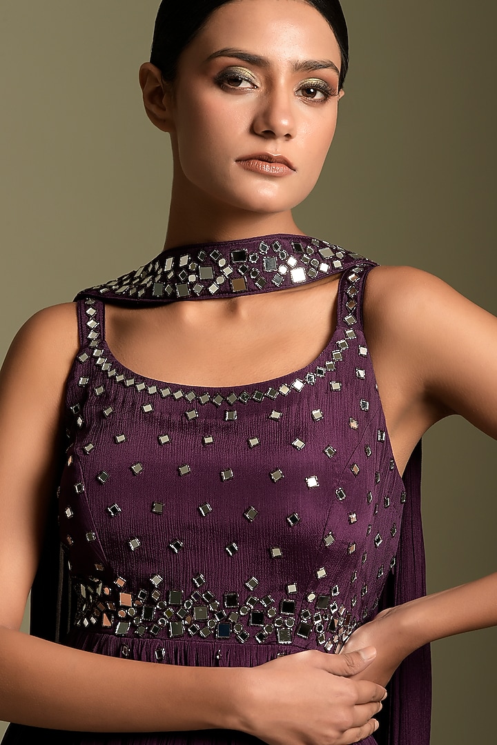 Wine Chiffon Mirror Work Gharara Set by Two Sisters By Gyans at Pernia's Pop Up Shop