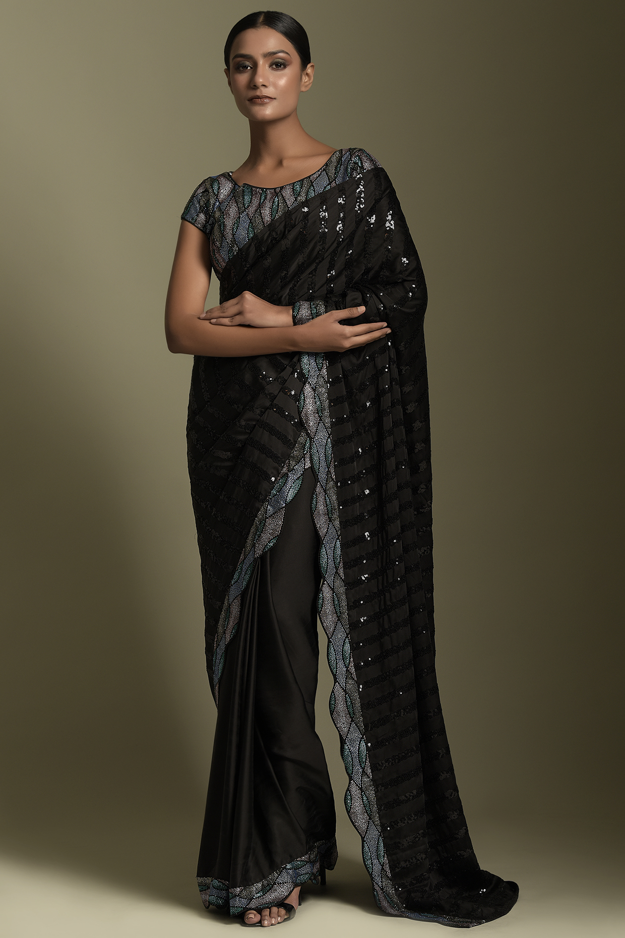 Black Embroidered Saree Set by Two Sisters By Gyans