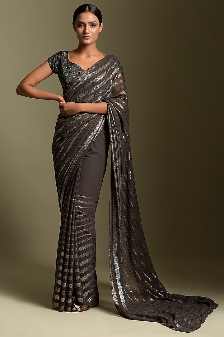 Black Embroidered Saree Set by Two Sisters By Gyans
