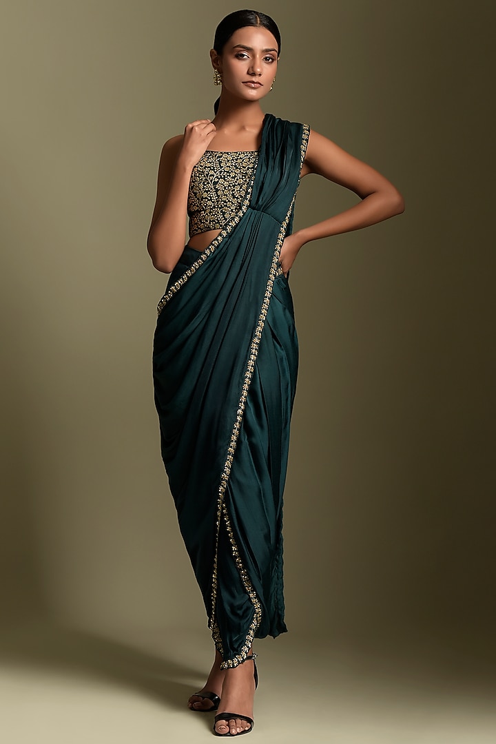 Teal Blue Satin Sequins Embroidered Dhoti Saree Set by Two Sisters By Gyans