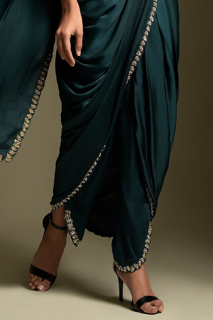 Teal Blue Satin Sequins Embroidered Dhoti Wedding Saree Set by Two Sisters By Gyans at Pernia's Pop Up Shop