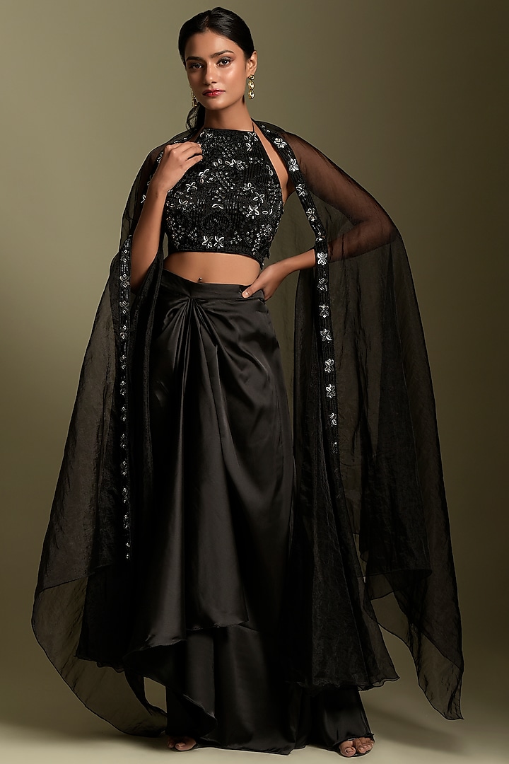 Black Organza Cape Set by Two Sisters By Gyans