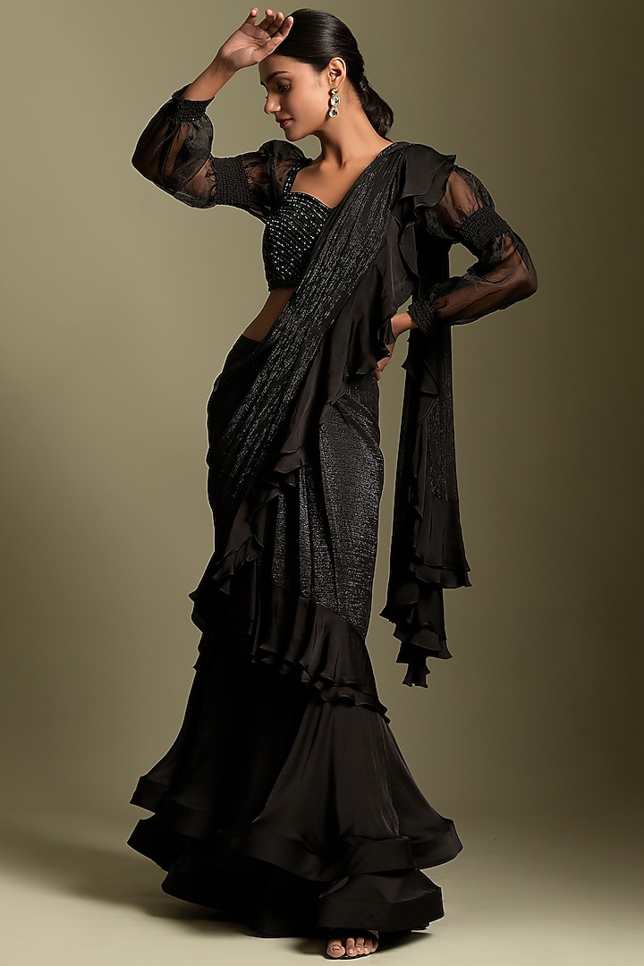 Black Georgette Pre-Draped Saree Set by Two Sisters By Gyans