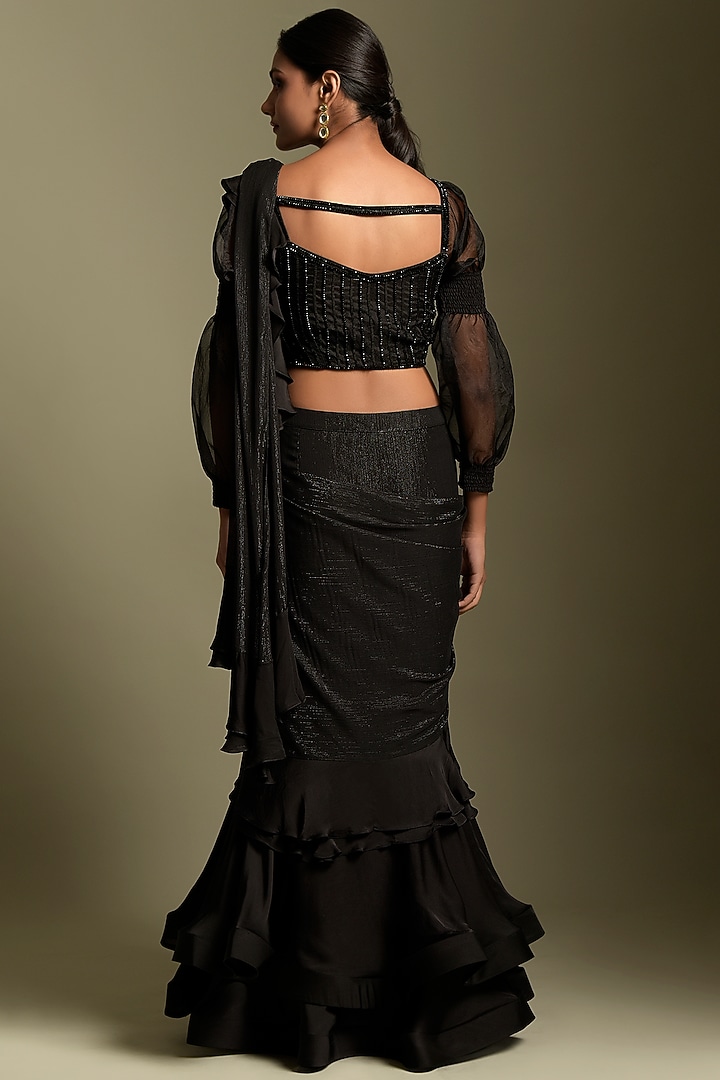 Black Georgette Pre-Draped Wedding Saree Set by Two Sisters By Gyans at Pernia's Pop Up Shop