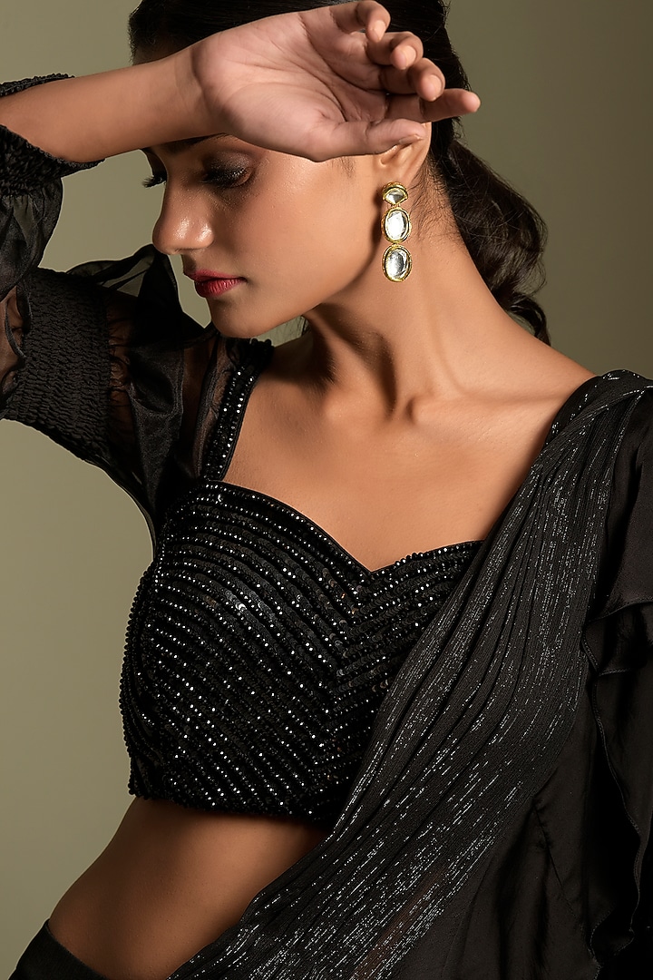 Black Georgette Pre-Draped Wedding Saree Set by Two Sisters By Gyans at Pernia's Pop Up Shop