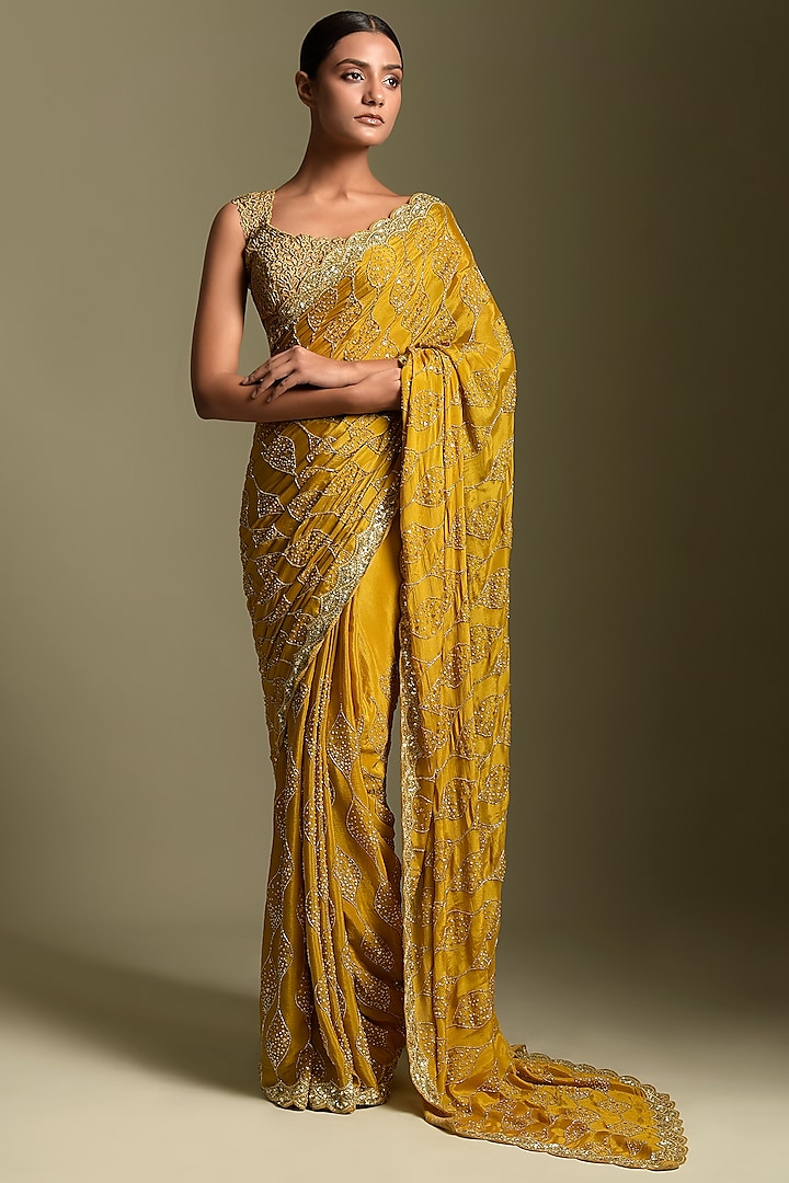 Mustard Embroidered Saree Set by Two Sisters By Gyans