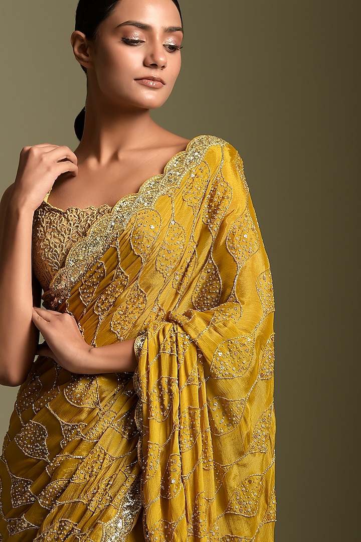 Mustard Embroidered Wedding Saree Set by Two Sisters By Gyans at Pernia's Pop Up Shop