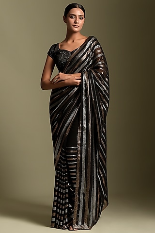 Black Embroidered Saree Set by Two Sisters By Gyans