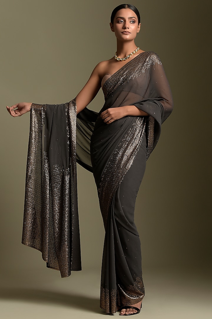 Grey Saree With Sequins Embroidered Work by Two Sisters By Gyans