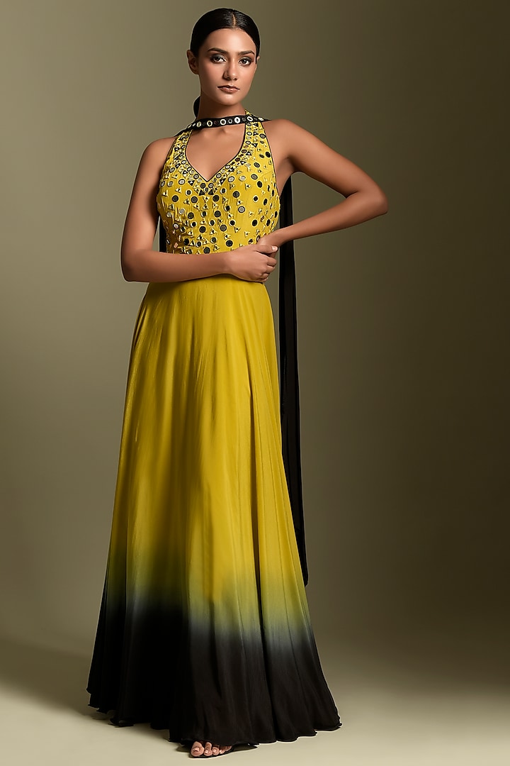 Yellow & Black Crepe Anarkali Set by Two Sisters By Gyans
