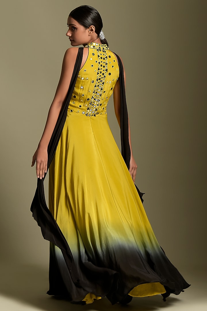Yellow & Black Crepe Wedding Anarkali Set by Two Sisters By Gyans at Pernia's Pop Up Shop