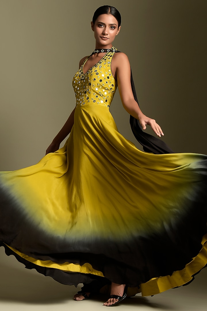 Yellow & Black Crepe Wedding Anarkali Set by Two Sisters By Gyans at Pernia's Pop Up Shop