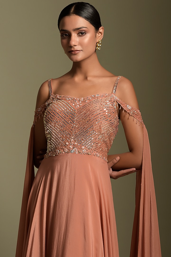 Terracotta Peach Crepe Engagement Gown by Two Sisters By Gyans at Pernia's Pop Up Shop