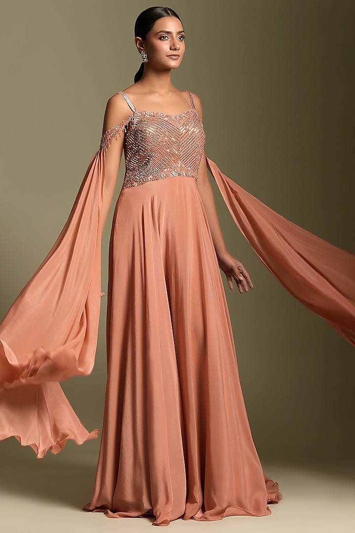 Terracotta Peach Crepe Engagement Gown by Two Sisters By Gyans at Pernia's Pop Up Shop