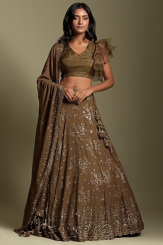Brown & Gold Georgette Lehenga Set by Two Sisters By Gyans