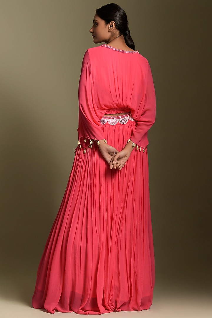 Coral Pink Georgette Skirt Set by Two Sisters By Gyans at Pernia's Pop Up Shop