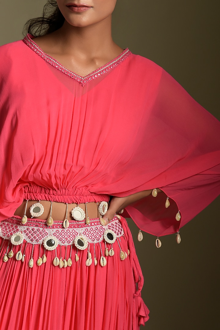 Coral Pink Georgette Skirt Set by Two Sisters By Gyans at Pernia's Pop Up Shop