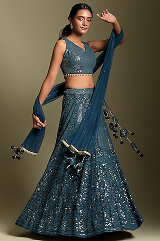 Teal Blue Georgette Lehenga Set by Two Sisters By Gyans