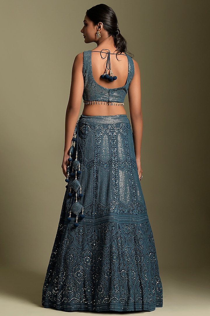 Teal Blue Georgette Wedding Lehenga Set by Two Sisters By Gyans at Pernia's Pop Up Shop