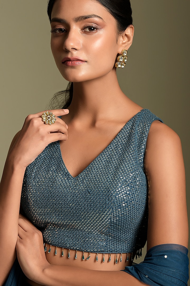 Teal Blue Georgette Wedding Lehenga Set by Two Sisters By Gyans at Pernia's Pop Up Shop