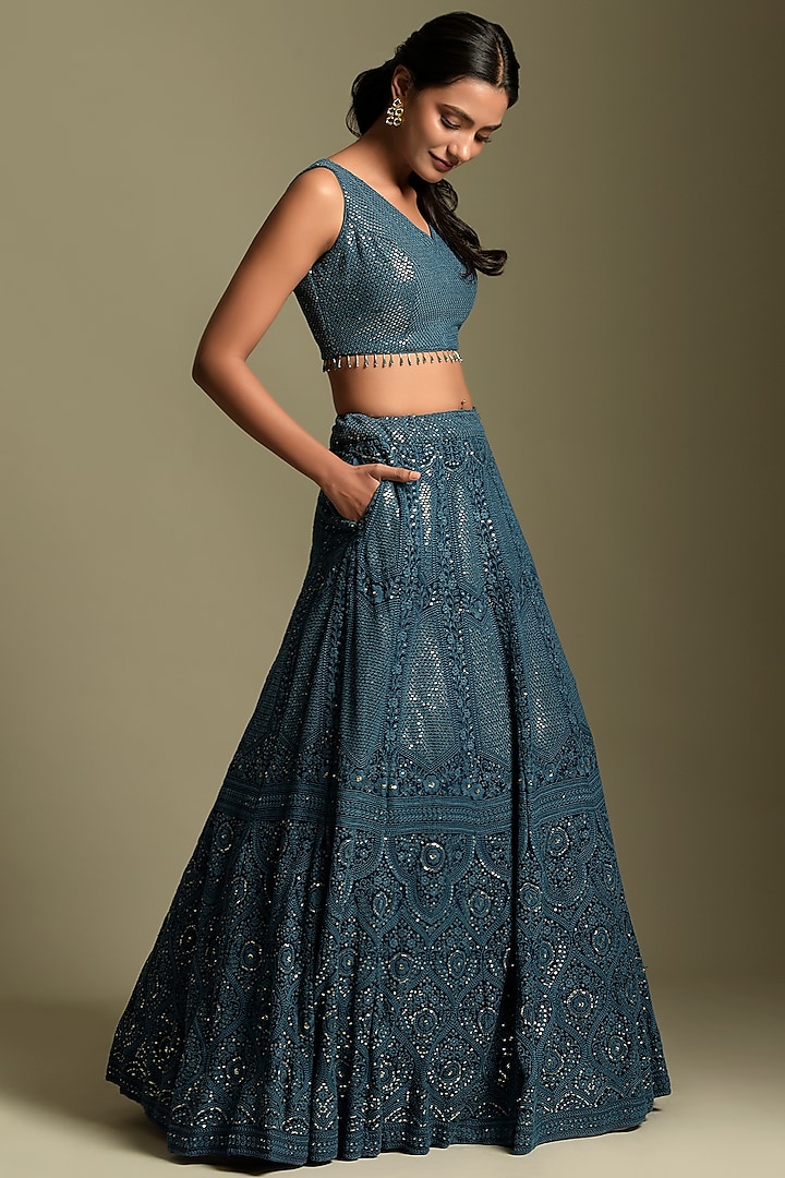 Teal Blue Georgette Wedding Lehenga Set by Two Sisters By Gyans at Pernia's Pop Up Shop