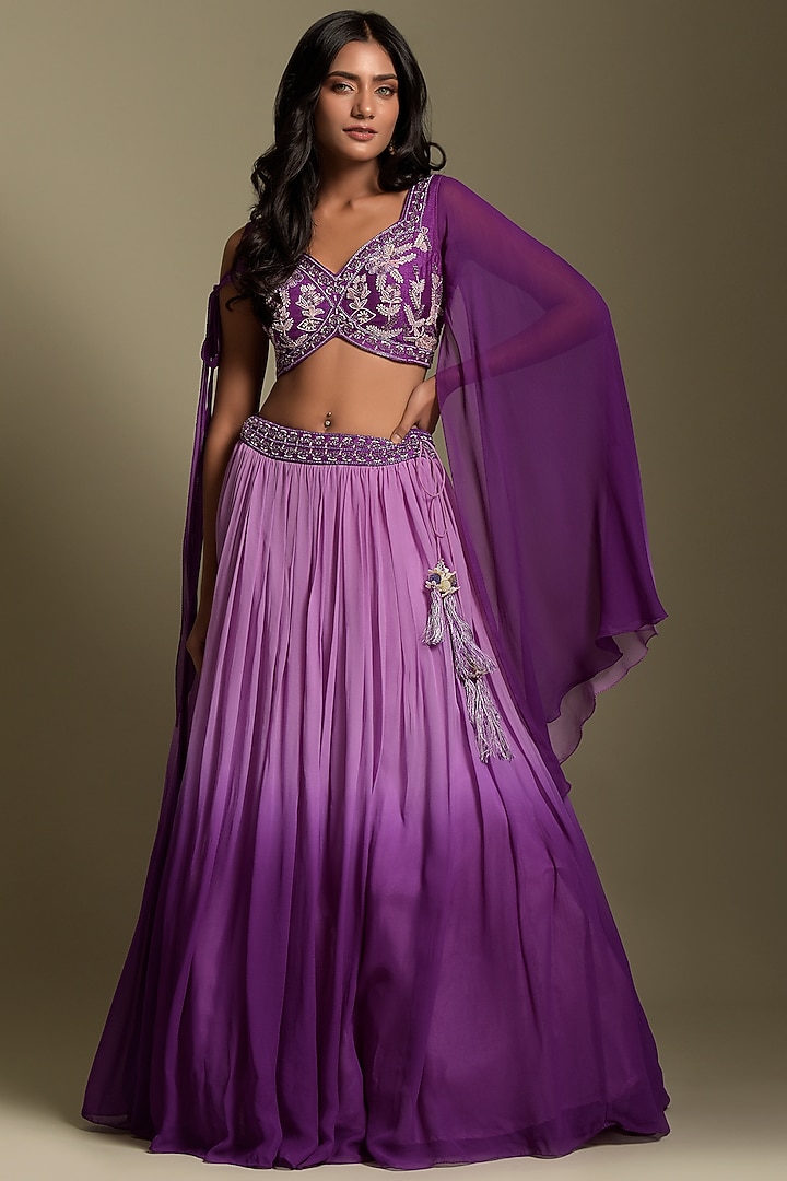 Purple Georgette Sequin Work Wedding Lehenga Set by Two Sisters By Gyans at Pernia's Pop Up Shop