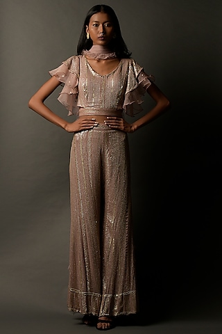 Onion Pink Chinon Sharara Set by Two Sisters By Gyans