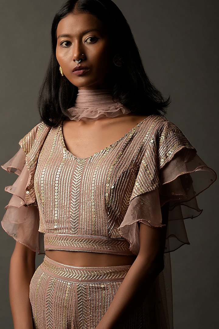 Onion Pink Chinon Wedding Sharara Set by Two Sisters By Gyans at Pernia's Pop Up Shop