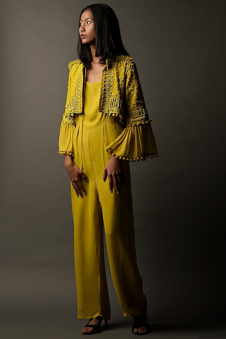 Mustard Yellow Georgette Jumpsuit With Coat by Two Sisters By Gyans