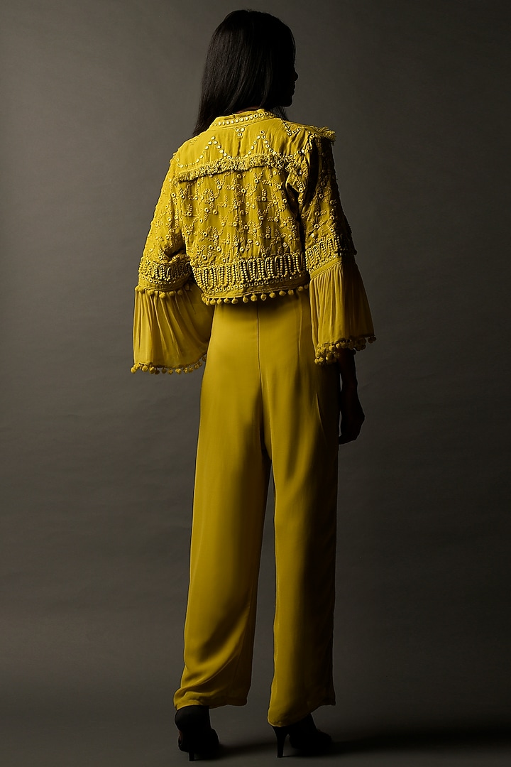 Mustard Yellow Georgette Jumpsuit With Coat by Two Sisters By Gyans at Pernia's Pop Up Shop