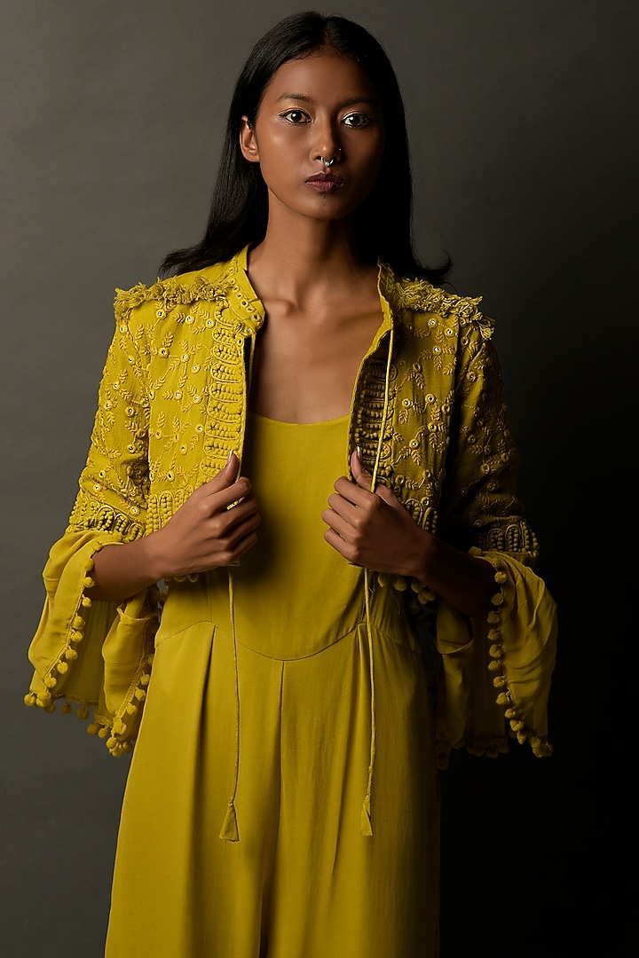 Mustard Yellow Georgette Jumpsuit With Coat by Two Sisters By Gyans at Pernia's Pop Up Shop
