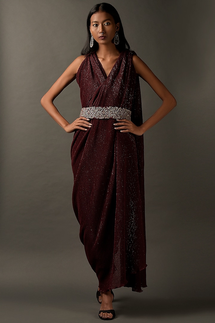Maroon Lycra Embellished Dress by Two Sisters By Gyans