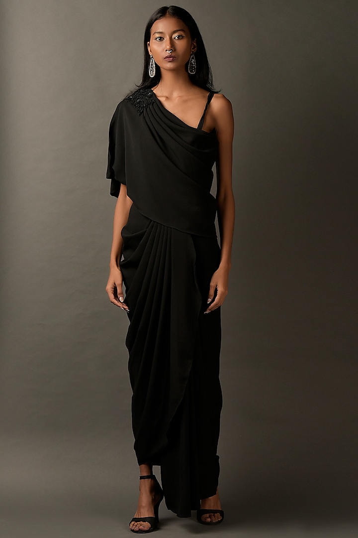 Black Lycra Embroidered Draped Dress by Two Sisters By Gyans