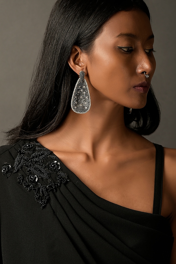Black Lycra Embroidered Draped Vacation Dress by Two Sisters By Gyans at Pernia's Pop Up Shop
