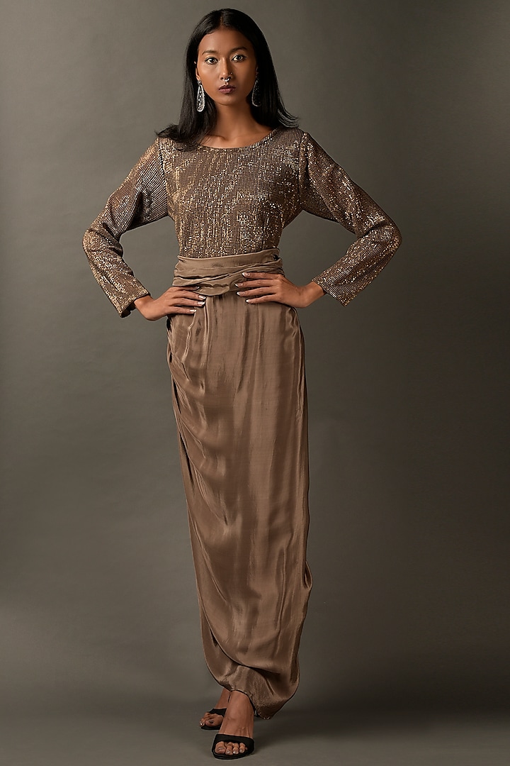 Beige Satin Embellished Dress by Two Sisters By Gyans