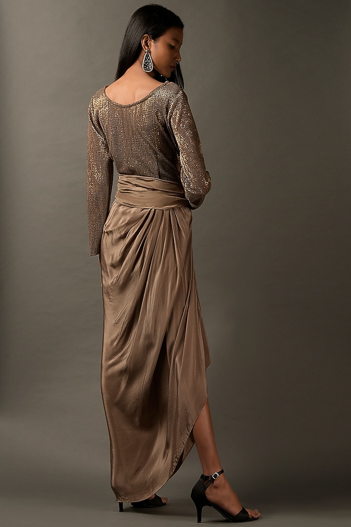 Beige Satin Embellished Cocktail Dress by Two Sisters By Gyans at Pernia's Pop Up Shop