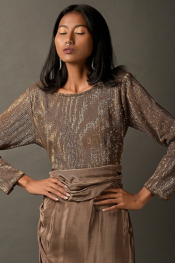 Beige Satin Embellished Cocktail Dress by Two Sisters By Gyans at Pernia's Pop Up Shop