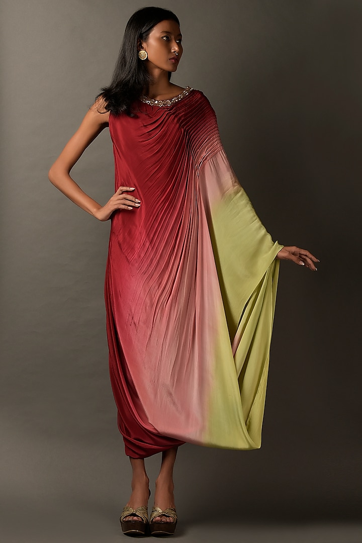 Multi-Colored Ombre Satin Embroidered Dress by Two Sisters By Gyans