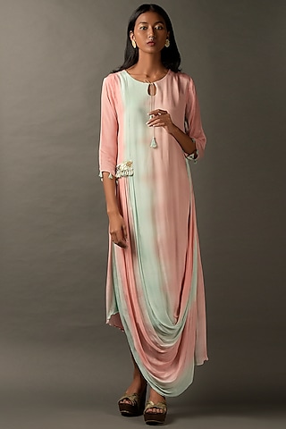Pastel Pink & Blue Georgette Embroidered Draped Dress by Two Sisters By Gyans