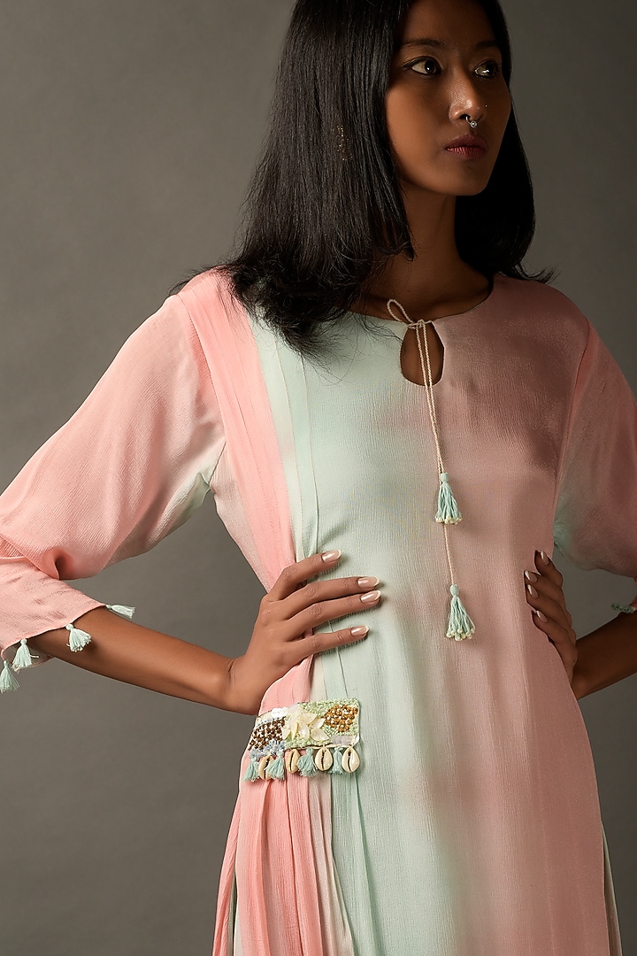 Pastel Pink & Blue Georgette Embroidered Draped Summer Dress by Two Sisters By Gyans at Pernia's Pop Up Shop