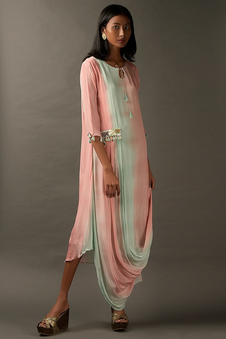 Pastel Pink & Blue Georgette Embroidered Draped Summer Dress by Two Sisters By Gyans at Pernia's Pop Up Shop